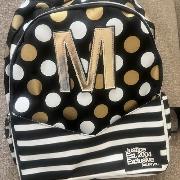 Justice Gold Black Dot Stripe "M" Initial Backpack School Bag - Picture 1 of 11